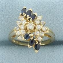 Vintage Sapphire And Diamond Spray Cluster Ring In 14k Yellow Gold