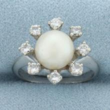 Akoya Pearl And Diamond Halo Ring In 14k White Gold