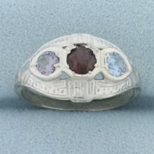Garnet, Blue Topaz, And Sapphire Deco 3 Stone Ring In 14k White Gold