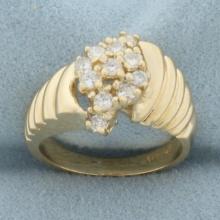 Scalloped Sides Cluster Diamond Ring In 14k Yellow Gold