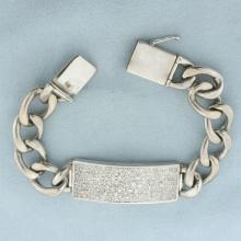 Mens 2ct Pave Set Diamond Id Style Curb Link Bracelet In 18k White Gold