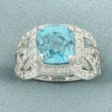 Swiss Blue Topaz And Diamond Halo Ring In 14k White Gold