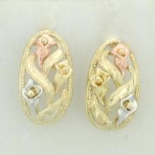 Tri Color Flower Design Diamond Cut Earrings In 10k Yellow, Rose, White Gold