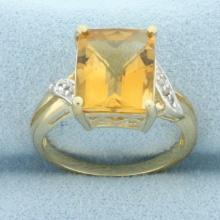 Checkerboard Cut Citrine And Diamond Ring In 10k Yellow Gold