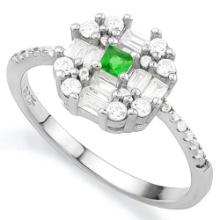 Lab Emerald & White Sapphire Target Halo Ring In Platinum Over Sterling Silver