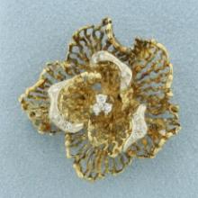 Italian Diamond Natural Freeform Flower Brooch Pin In 18k Yellow Gold
