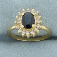Sapphire And Diamond Halo Princess Diana Ring In 14k Yellow Gold