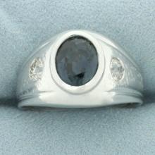 Mens Teal Sapphire And Old European Cut Diamond Ring In 14k White Gold