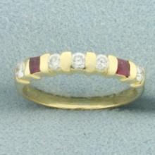 Diamond And Ruby Bar Set Pinky Ring In 18k Yellow Gold