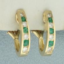 Emerald And Diamond J-hoop Earrings In 14k Yellow Gold