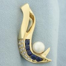 Designer Sapphire, Diamond, And Akoya Pearl Slide Pendant In 14k Yellow Gold
