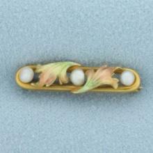 Antique Art Nouveau Pearl And Leaf Enameled Pin Brooch In 14k Yellow Gold