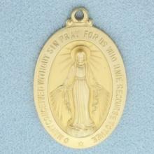 Large Miraculous Medal Virgin Mary Pendant In 14k Yellow Gold