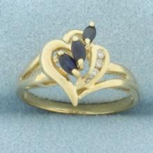 Sapphire And Diamond Heart Ring In 14k Yellow Gold