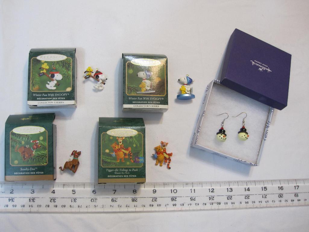 Lot of Hallmark Keepsake Ornaments with Winnie the Pooh, Snoopy, Scooby, snowman earrings, 4 oz