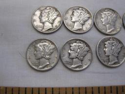 Ten Silver US Mercury dimes, two 1941, six 1942, one 1941D, one 1942D, 22.3 g
