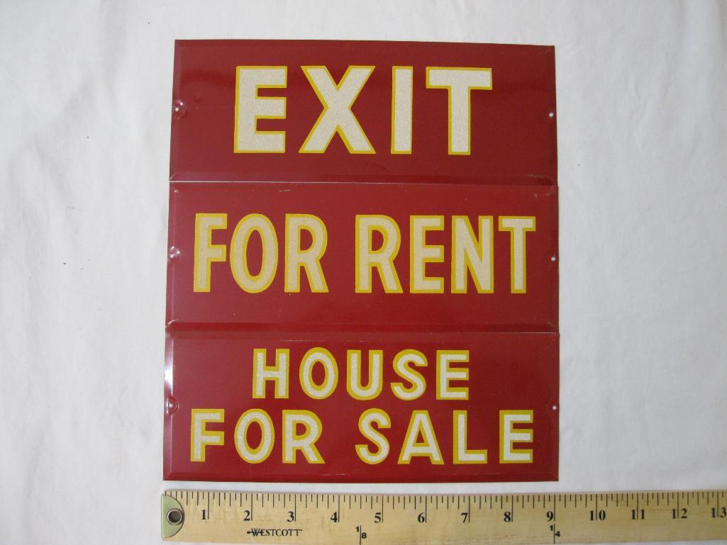 Vintage Metal NOS HY-KO Reflecting Signs including "Exit", "House for Sale", and "For Rent", 9.25" x