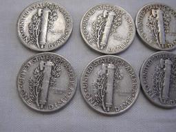Ten 1945 Silver US Mercury Dimes, nine 1945, one 1945D, 24.7 g