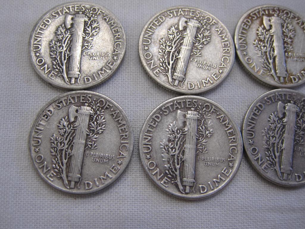 Ten 1945 Silver US Mercury Dimes, nine 1945, one 1945D, 24.7 g