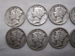 Ten Silver Mercury dimes, eight 1937, two 1940, 24.4 g