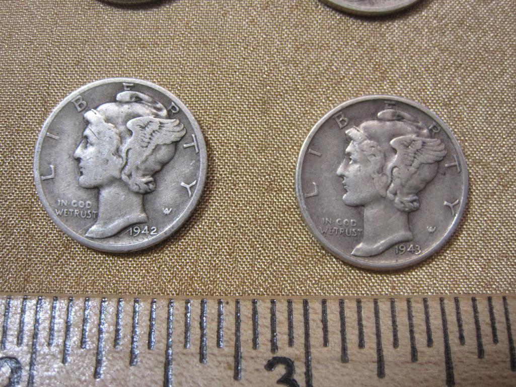Four US Mercury silver dimes, one 1940, one 1941, one 1942 and one 1943, .34 oz