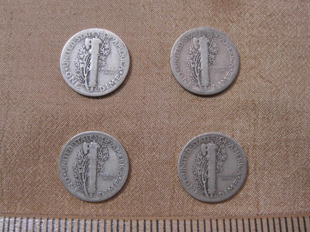 Four US Mercury silver dimes, one 1934, one 1936, one 1937 and one 1938, .34 oz