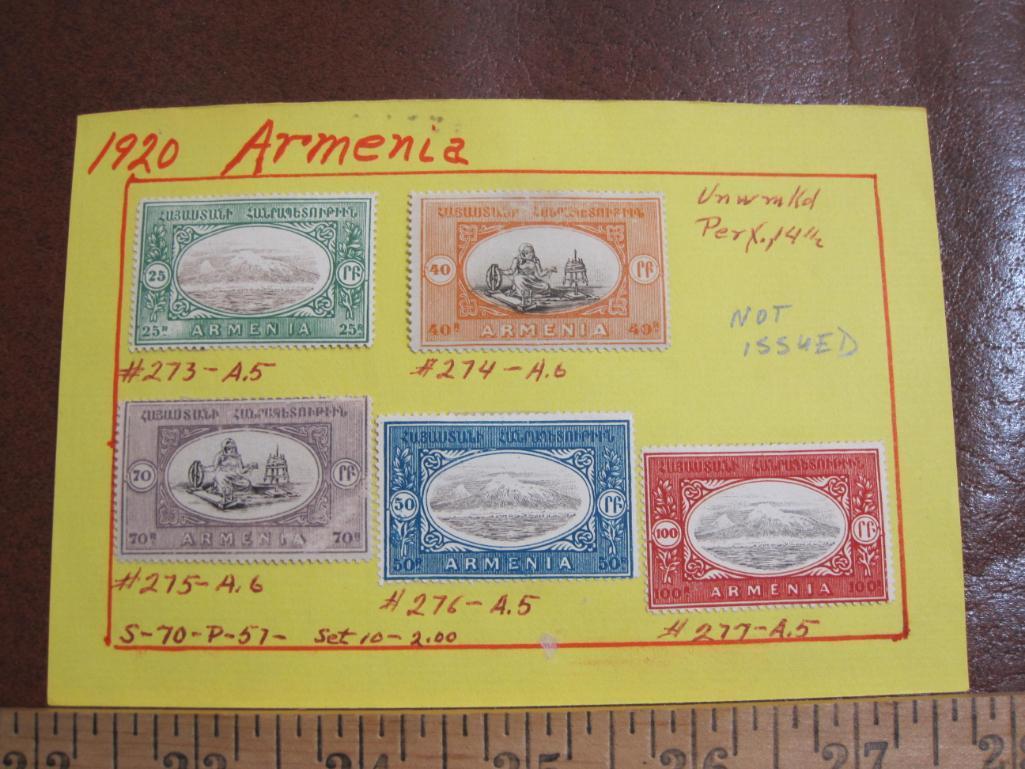Five 1920 Armenia postage stamps, three of them hinged. (#273-A.5, 274-A.6, 275-A.6, 276-A.5 and