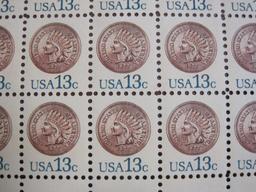 Full sheet of 100 1978 13 cent Indian Head Penny US postage stamps, Scott # 1734
