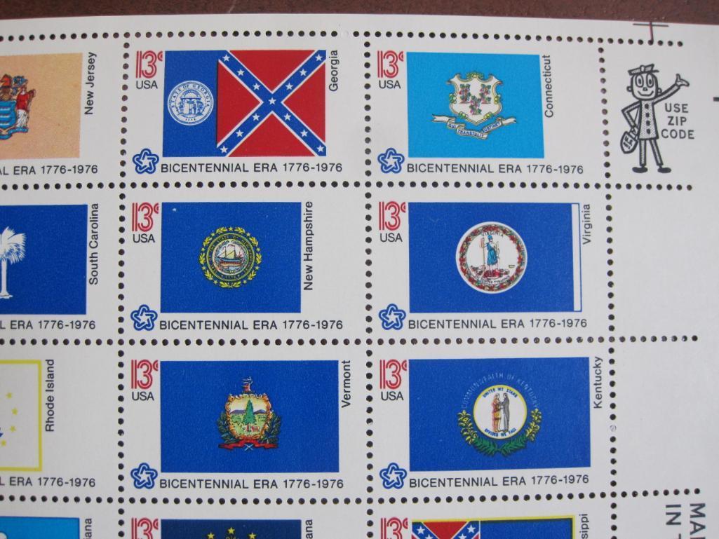 Full sheet of 50 1976 US State Flags Bicentennial US postage stamps, Scott # 1633-82