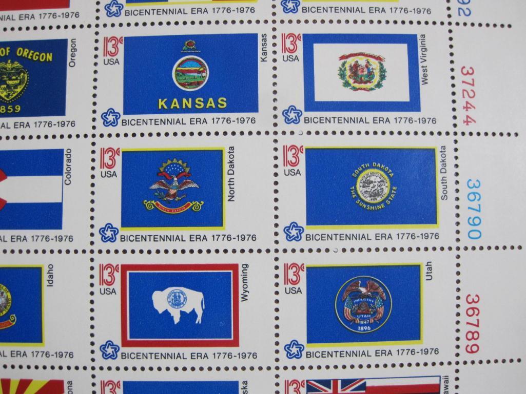 Full sheet of 50 1976 US State Flags Bicentennial US postage stamps, Scott # 1633-82
