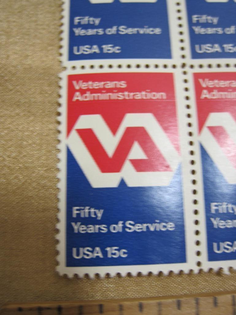 Block of 4 1980 Veterans Administration Fifty Years of Service 15 cent US postage stamps, #1825