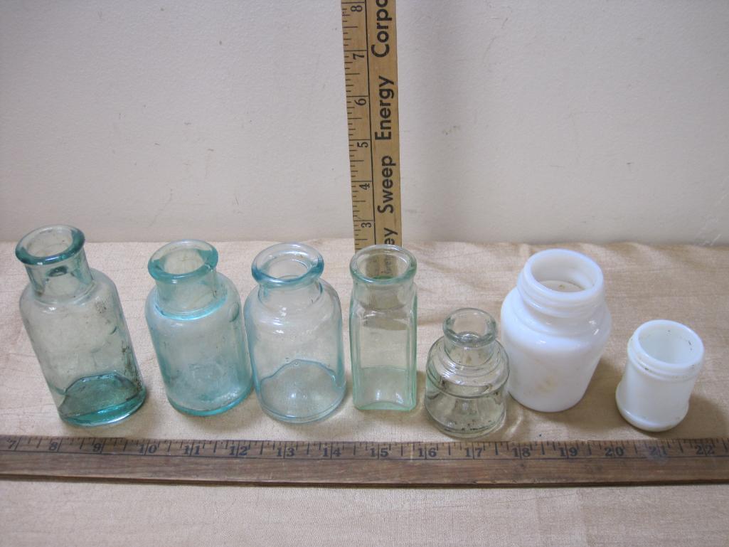 Seven Vintage Blue Green and Milk Glass Bottles