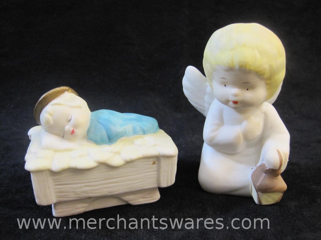 Six-Piece Porcelain Angel Nativity Set, made in Taiwan ROC, one angel has been repaired (see