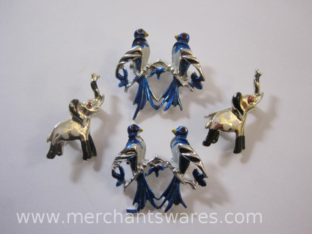 Four Animal Pins including two elephants and two pairs of birds