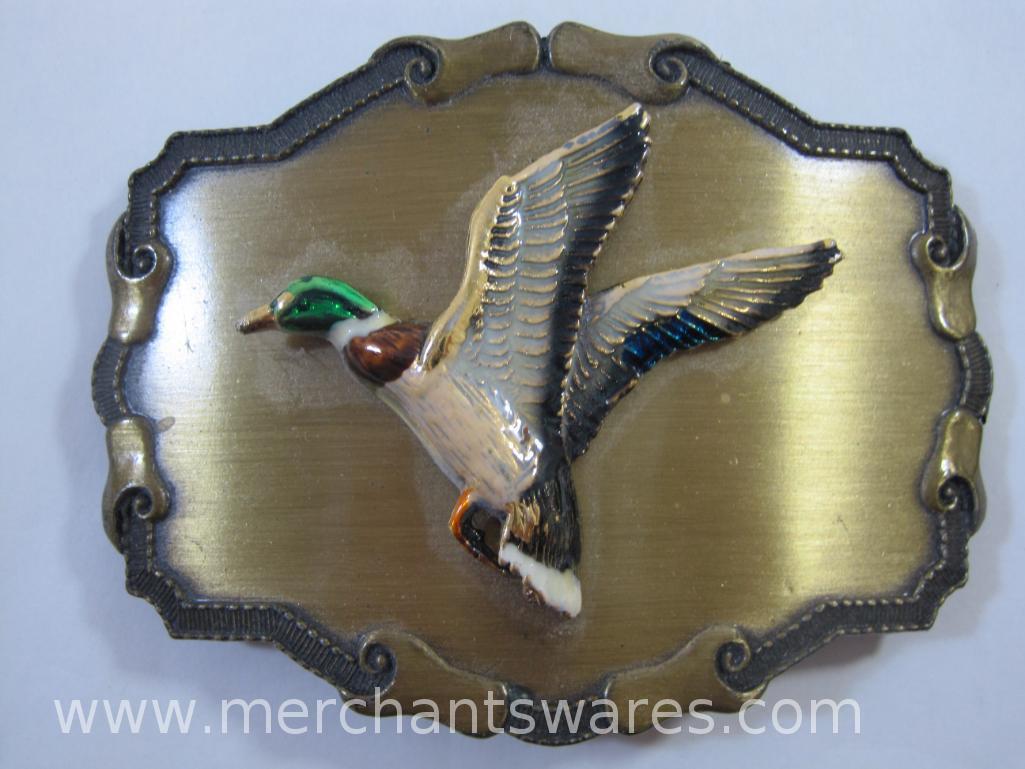 Two Metal Belt Buckles, Flying Duck and Right To Bear Arms 9 0z