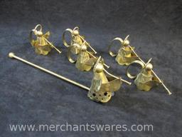 Set of Five Brass Angel Napkin Rings and Candle Snuffer, Made in India, 13 oz