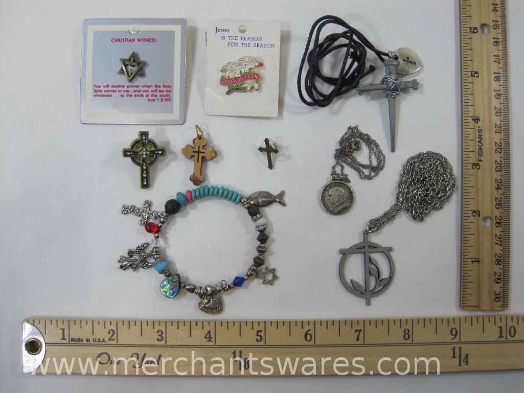 Assortment of Religious Themed Jewelry including Pins, Necklace, Bracelet and More