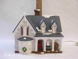 Department 56 Snow Village Gothic Farmhouse Lighted Christmas House, small chip on front porch