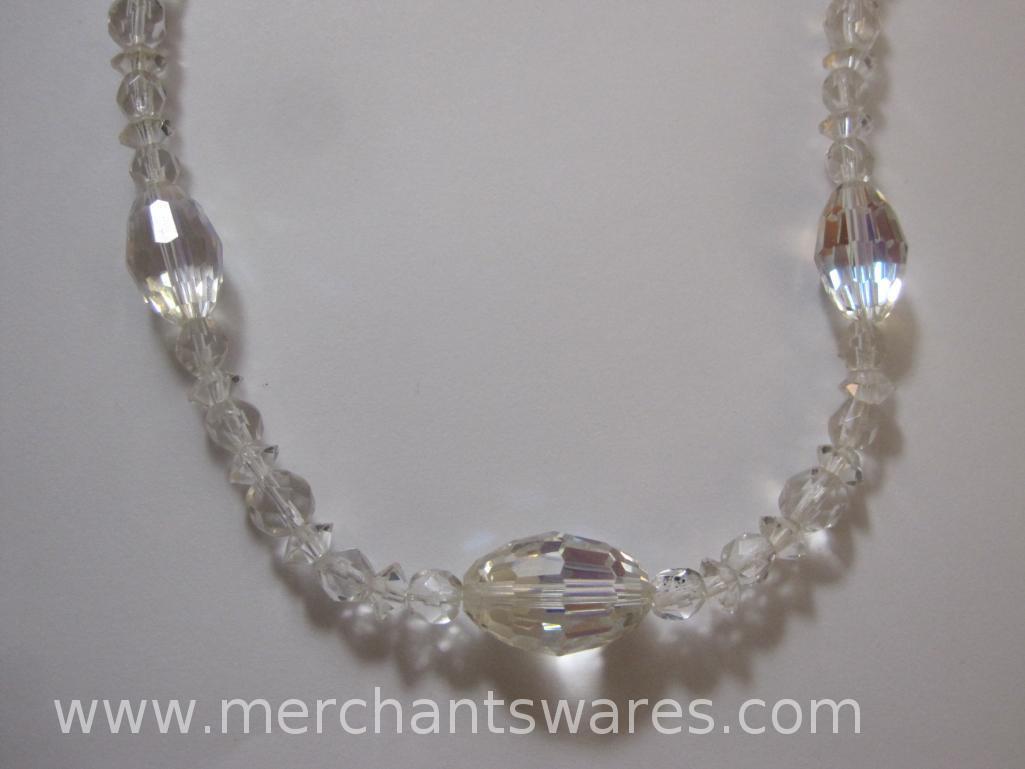 Two Heavy Czech Crystal Necklaces, with a Green Stone Chip Beaded Necklace with Mother of Pearl