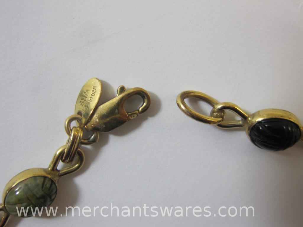 Multi Color Scarab Necklace and Bracelet, both Gold Filled, with Gold Filled Clip on Scarab Earrings