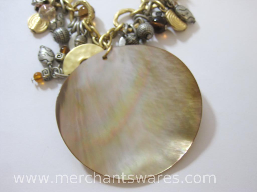 Coldwater Creek Bangle Necklace with Large Shell Accent and Gold Tone Necklace with Square Pendant