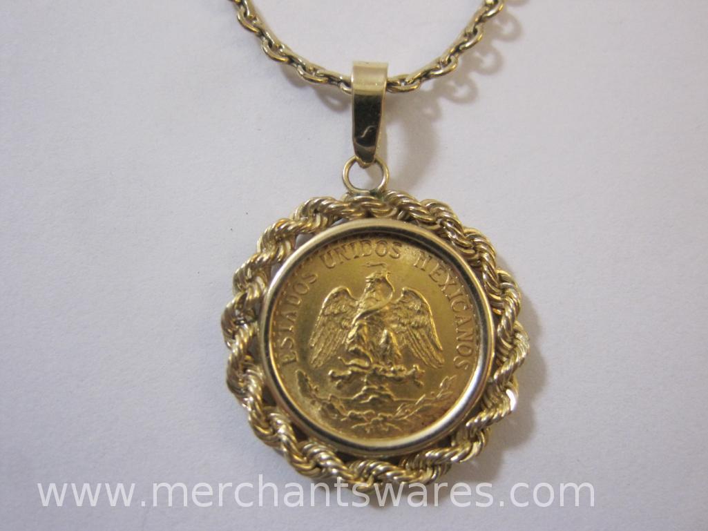 1945 Dos Pesos Gold Coin with 14K Gold Pendant and Gold Plated Necklace, 6.0 g total weight