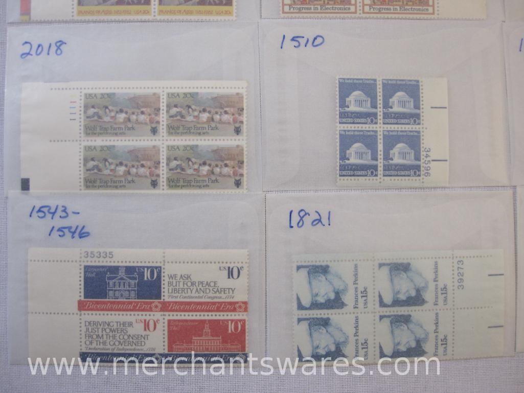 Twelve Blocks of US Postage Stamps including 15c Helen Keller Anne Sullivan (1824), 20c Alaska