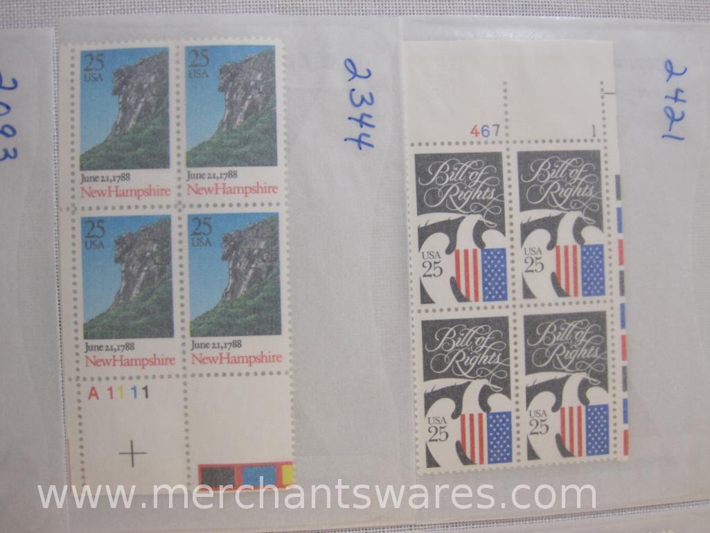 Twelve Blocks of US Postage Stamps including 10c VFW 75th Anniversary (1525), 25c Dinosaurs