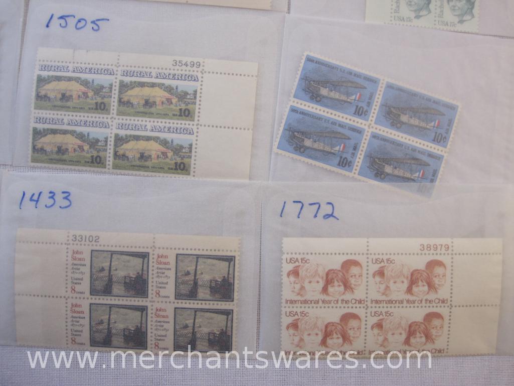 Twelve Blocks of Four US Postage Stamps including 18c Flowers (1876-1879), 18c George Mason (1858),