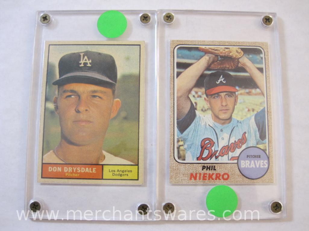 Two Vintage MLB Baseball Cards in Plastic Display Cases including Topps Don Drysdale 260 and Phil