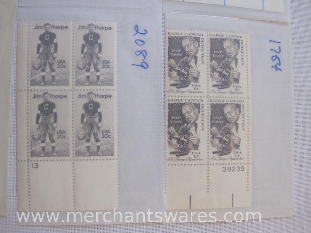 Twelve Blocks of US Postage Stamps including 8c The Boston Tea Party (1480-1483), 20c Jim Thorpe