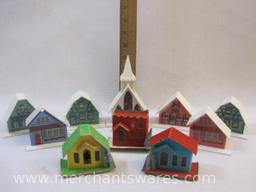 Ten Assorted Plastic and Felted Cardboard Christmas Houses and Church for String of Lights,