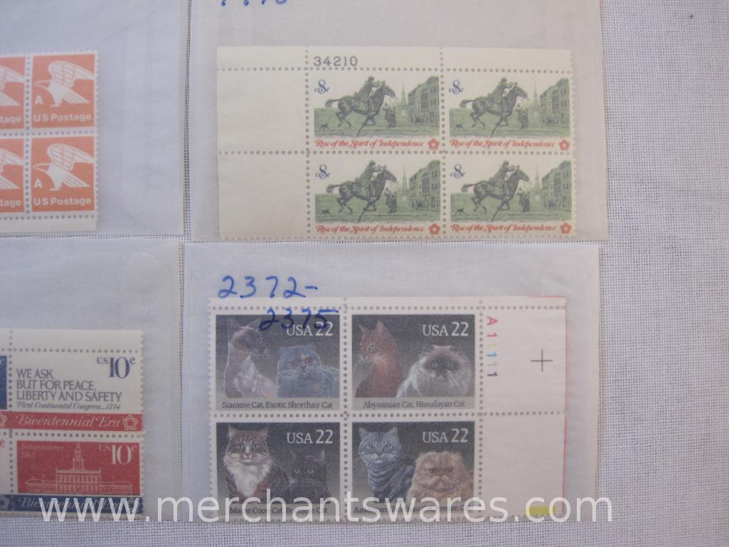 Twelve Blocks of Four US Postage Stamps including 22c Cats (2372-2375), 10c The Legend of Sleepy