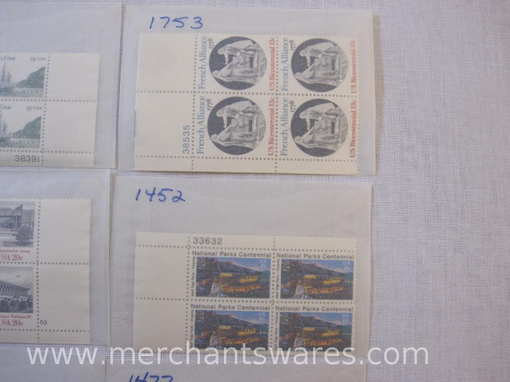Twelve Blocks of Four US Postage Stamps including 13c Capt James Cook (1733), 20c Architecture USA